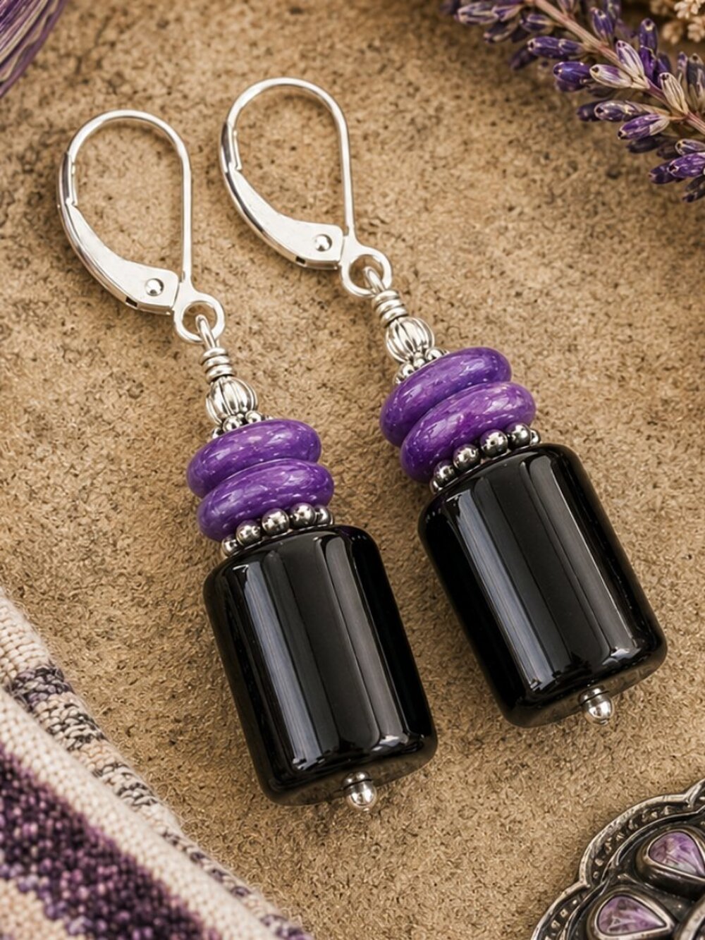 Black Onyx And Sugilite Earrings 925 Sterling Silver Leverbacks Genuine Stone